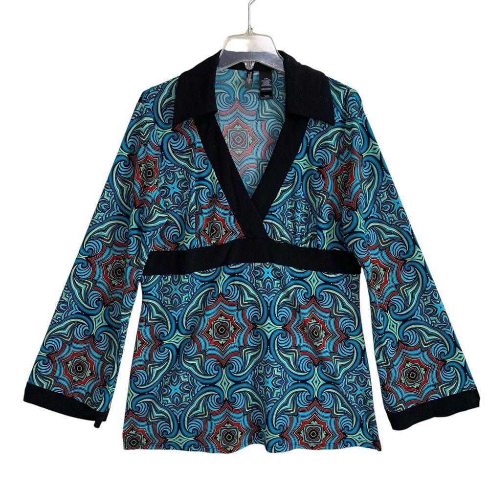 Bisou Bisou Blouse Women's Size XL Multicolor Moroccan Print Long Sleeve V-Neck